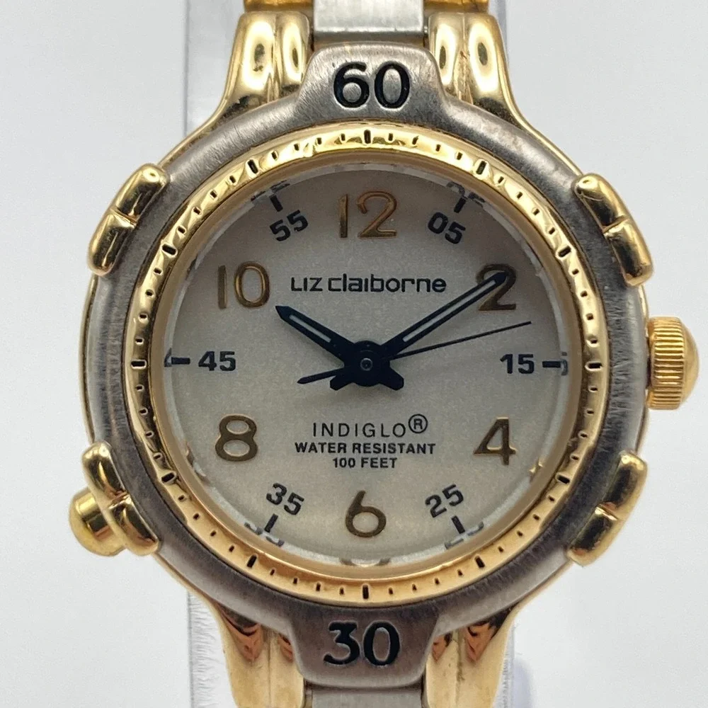 Vintage Liz Claiborne Womens Watch Indiglo Silver Gold Tone New Battery SMALL 6